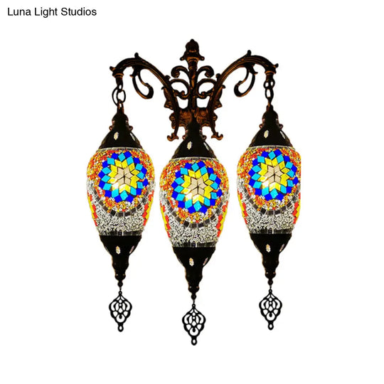 Oval Wall Mounted Lamp: Traditional Stained Art Glass Sconce Light - 3 Heads In White/Red/Light Blue
