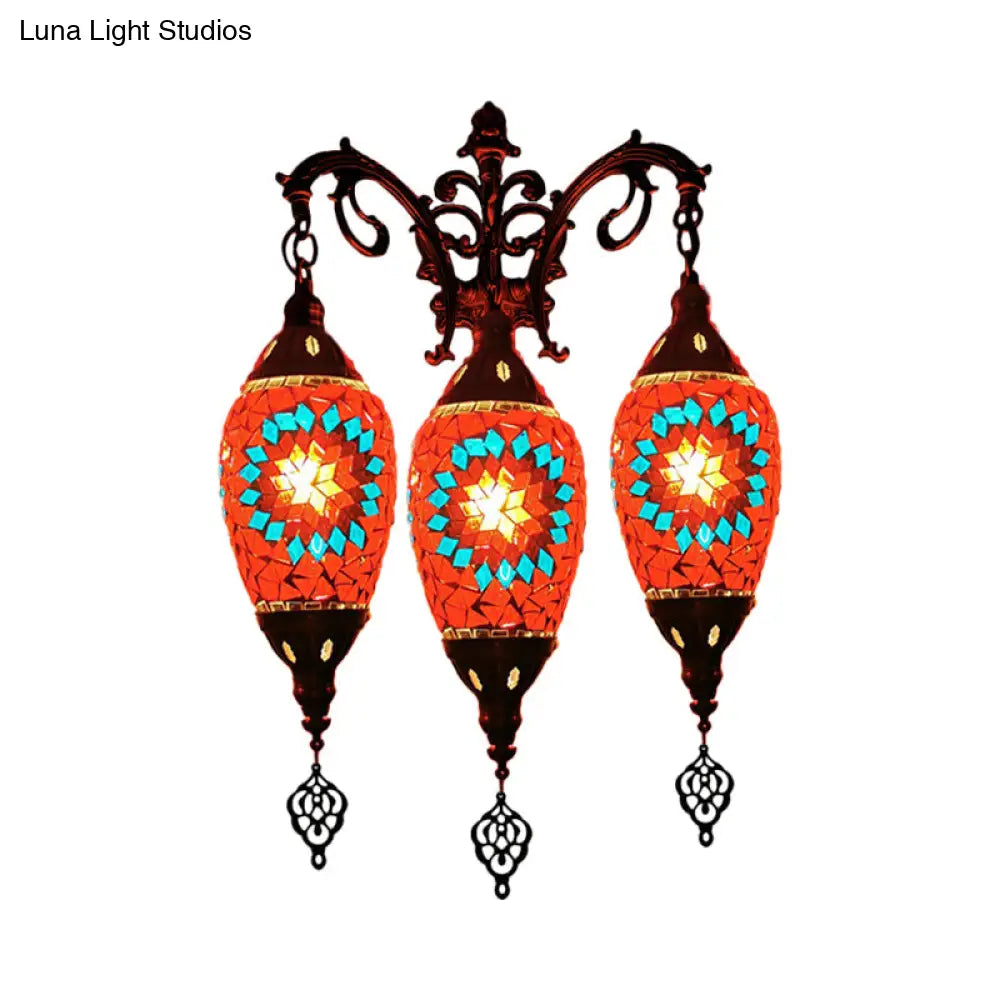 Oval Wall Mounted Lamp: Traditional Stained Art Glass Sconce Light - 3 Heads In White/Red/Light Blue