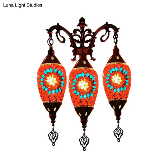 Oval Wall Mounted Lamp: Traditional Stained Art Glass Sconce Light - 3 Heads In White/Red/Light Blue
