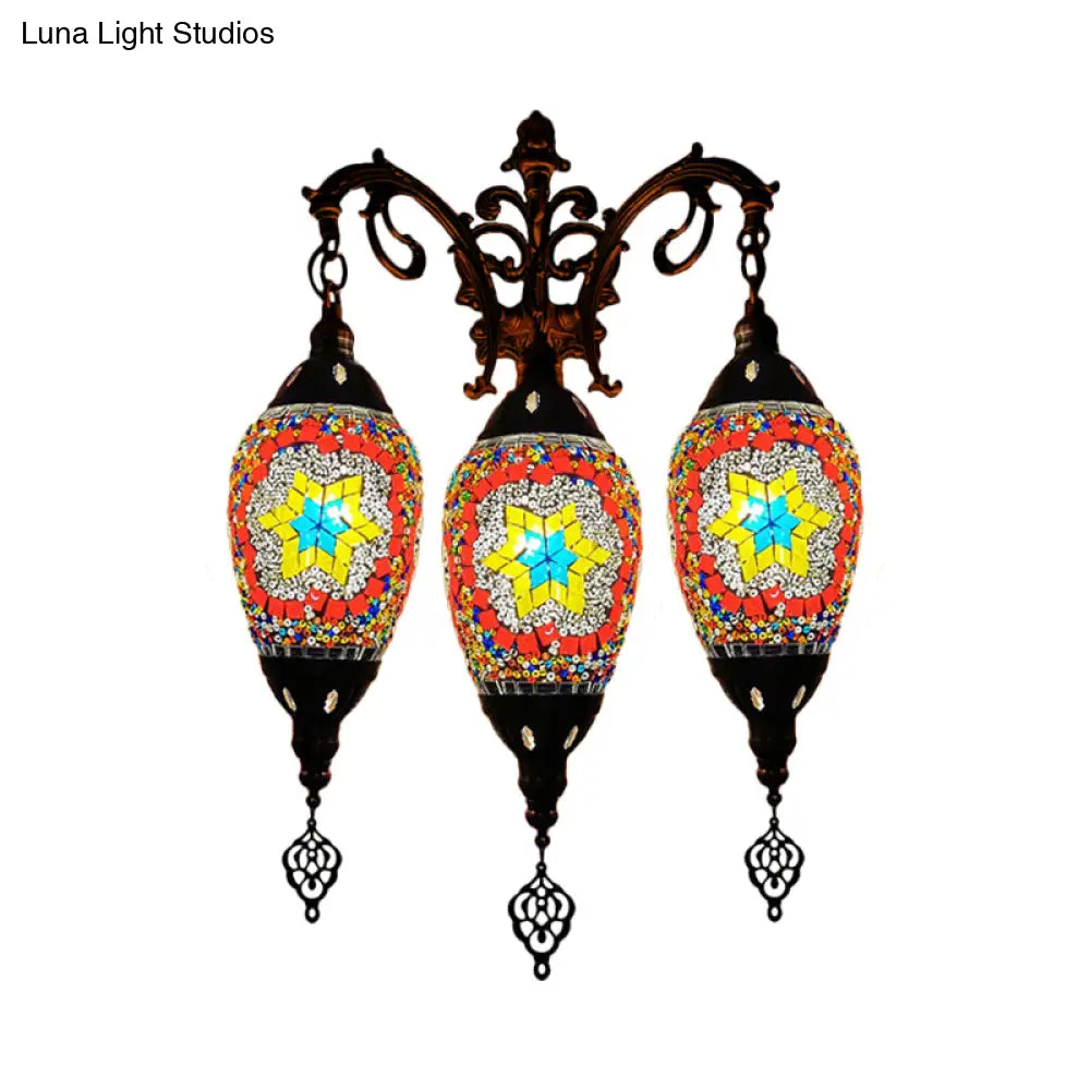 Oval Wall Mounted Lamp: Traditional Stained Art Glass Sconce Light - 3 Heads In White/Red/Light Blue