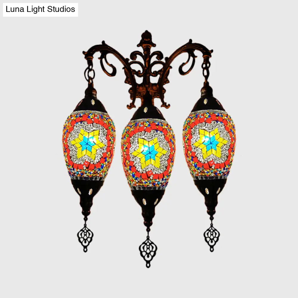 Oval Wall Mounted Lamp: Traditional Stained Art Glass Sconce Light - 3 Heads In White/Red/Light Blue