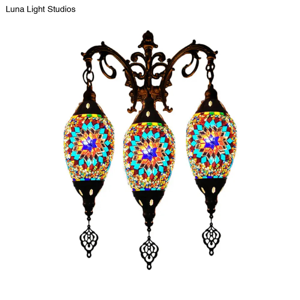 Oval Wall Mounted Lamp: Traditional Stained Art Glass Sconce Light - 3 Heads In White/Red/Light Blue