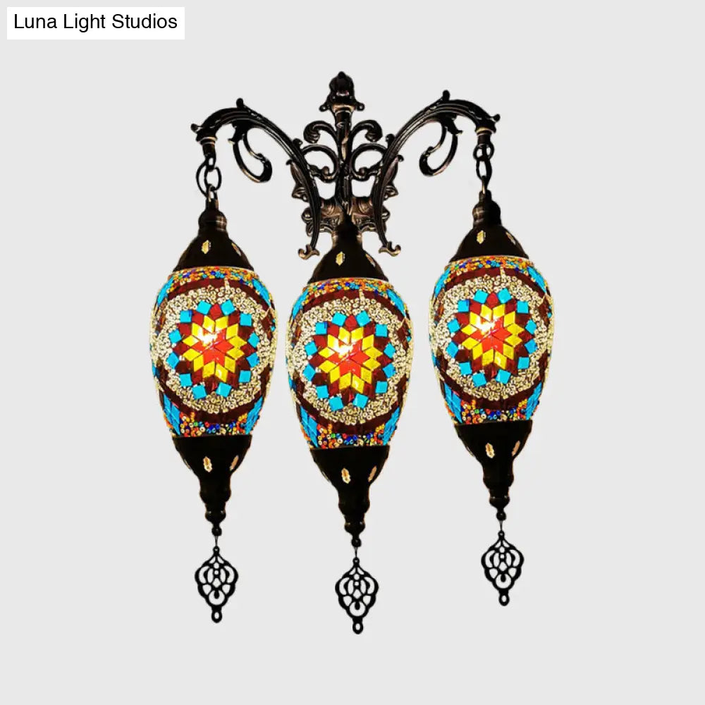 Oval Wall Mounted Lamp: Traditional Stained Art Glass Sconce Light - 3 Heads In White/Red/Light Blue