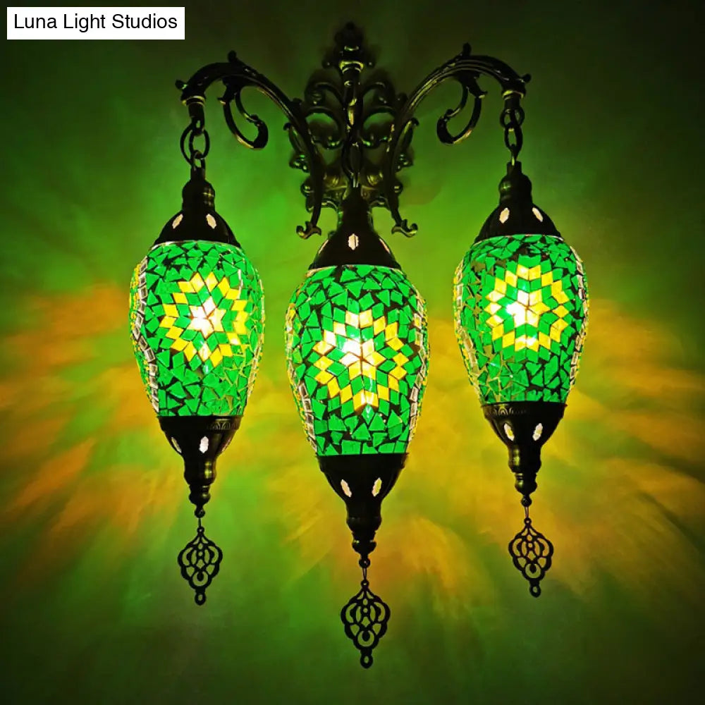 Oval Wall Mounted Lamp: Traditional Stained Art Glass Sconce Light - 3 Heads In White/Red/Light Blue