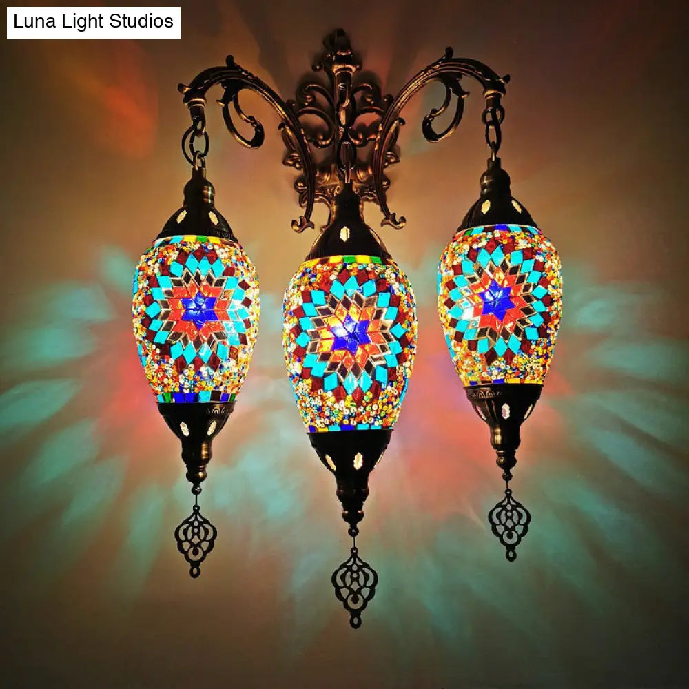 Oval Wall Mounted Lamp: Traditional Stained Art Glass Sconce Light - 3 Heads In White/Red/Light Blue