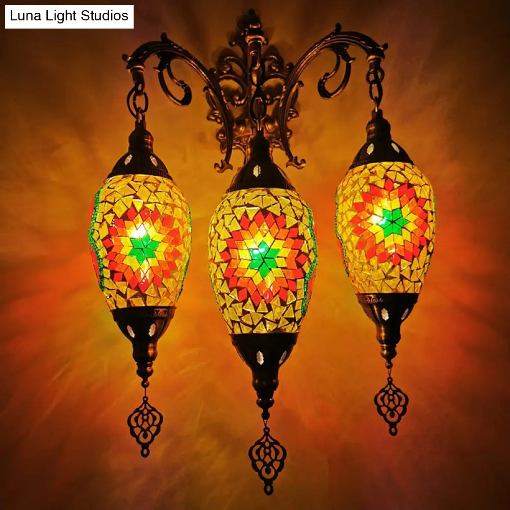 Oval Wall Mounted Lamp: Traditional Stained Art Glass Sconce Light - 3 Heads In White/Red/Light Blue