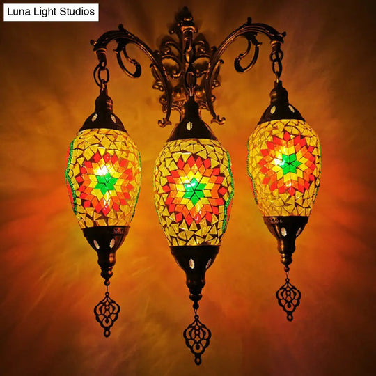 Oval Wall Mounted Lamp: Traditional Stained Art Glass Sconce Light - 3 Heads In White/Red/Light Blue