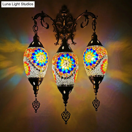 Oval Wall Mounted Lamp: Traditional Stained Art Glass Sconce Light - 3 Heads In White/Red/Light Blue