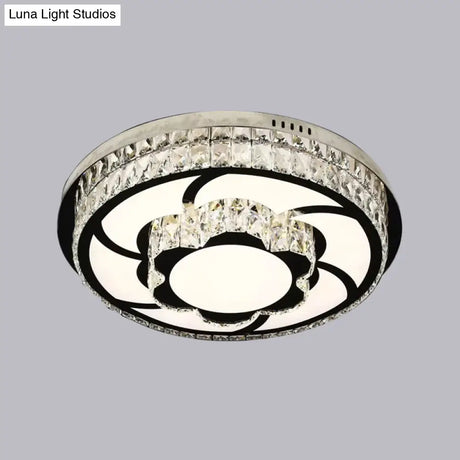 P Stainless - Steel Flushmount Light With Clear Faceted Crystal Shade - Flower/Round Design