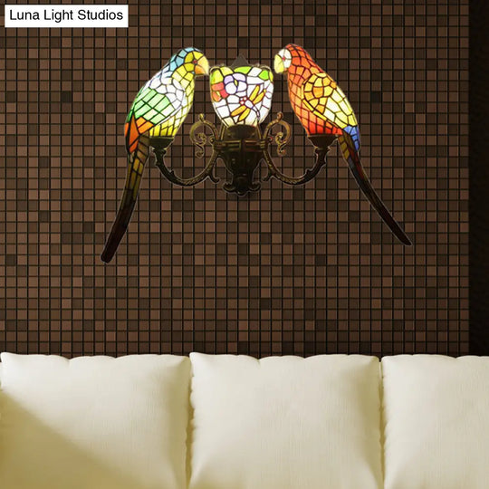 Parrot Stained Glass Wall Lighting: Rustic Lodge Style 3 Lights Indoor Living Room Décor