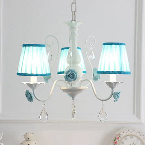 Pastoral Bedroom Chandelier Light With Rose Crystal Draping - Fabric Pleated Empire Shade Suspension