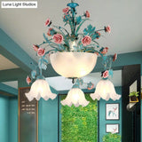 Pastoral Ceramic Flower Chandelier With Opal Glass Shade For Living Room Suspension Lighting
