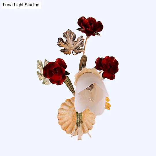 Pastoral Floral Opaline Frosted Glass Wall Sconce In Beige - 1/2-Light Wall-Mounted Fixture