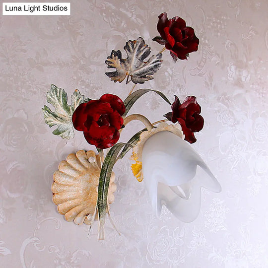 Pastoral Floral Opaline Frosted Glass Wall Sconce In Beige - 1/2-Light Wall-Mounted Fixture