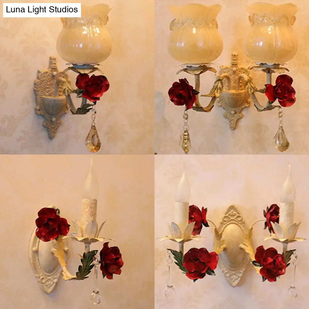 Pastoral Floral Opaline Frosted Glass Wall Sconce In Beige - 1/2-Light Wall-Mounted Fixture