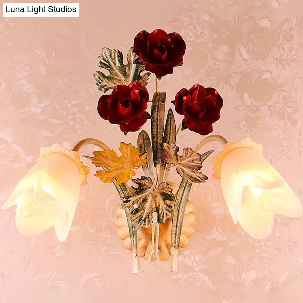 Pastoral Floral Opaline Frosted Glass Wall Sconce In Beige - 1/2-Light Wall-Mounted Fixture