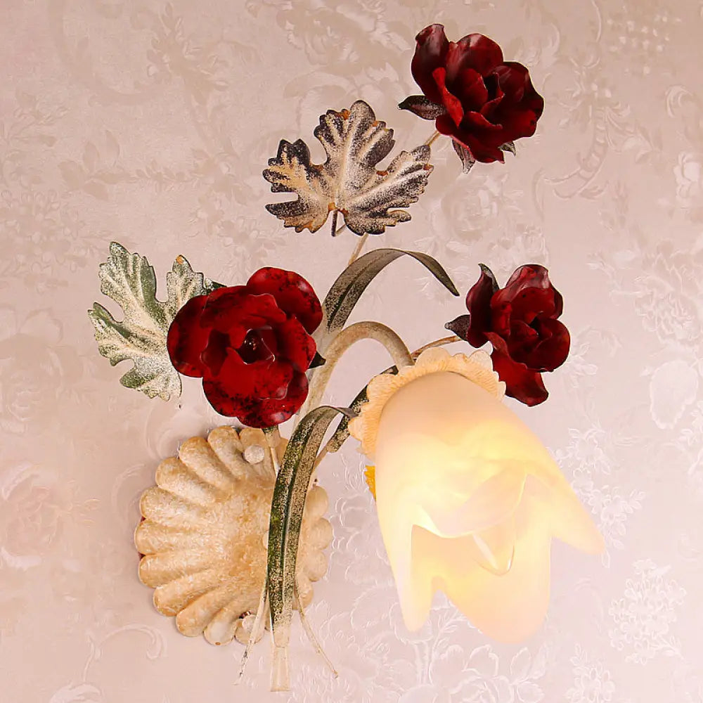 Pastoral Floral Opaline Frosted Glass Wall Sconce In Beige - 1/2-Light Wall-Mounted Fixture 1 /