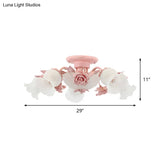 Pastoral Frosted Glass Flush Chandelier: Rose Blossom 7/11 - Head Pink Ceiling Mount Light