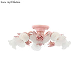 Pastoral Frosted Glass Flush Chandelier: Rose Blossom 7/11 - Head Pink Ceiling Mount Light