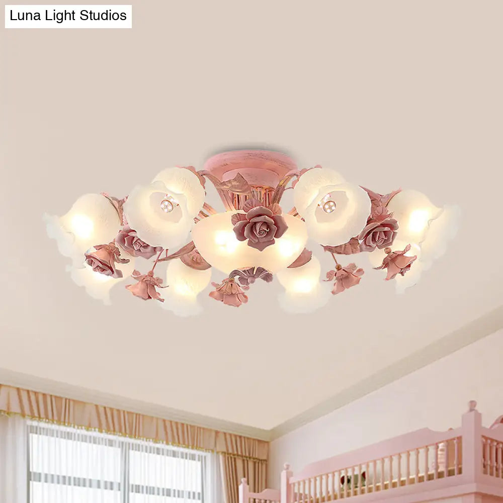 Pastoral Frosted Glass Flush Chandelier: Rose Blossom 7/11 - Head Pink Ceiling Mount Light