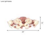 Pastoral Frosted Glass Flush Chandelier: Rose Blossom 7/11 - Head Pink Ceiling Mount Light