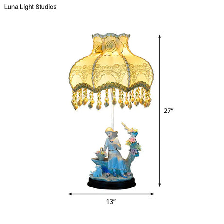 Pastoral Girl Ceramic Bedside Lamp In Beige With Fabric Shade