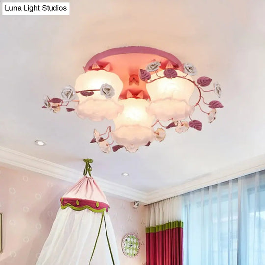 Pastoral Half-Open Flower Ceiling Lamp - 3/5-Light Semi Mount Lighting With Frosted Glass & Rose