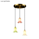 Pastoral Lily Cluster Pendant: White/Green/Purple Glass Led Ceiling Fixture For Foyer