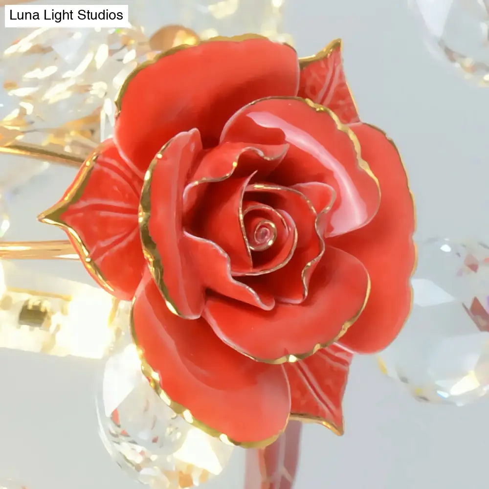 Pastoral Living Room Rose Ceramic Semi - Flush Ceiling Light With Decorative Crystal Accents