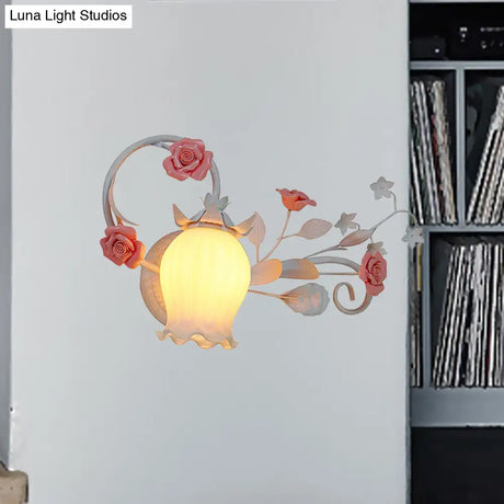 Pastoral Metal Floral Wall Lamp Sconce - 1-Light Fixture In Yellow/Pink/Blue