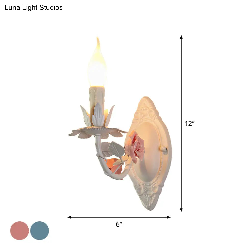 Pastoral Metallic Candle Wall Sconce: Blue/Pink 1-Light Lamp With Flower Deco