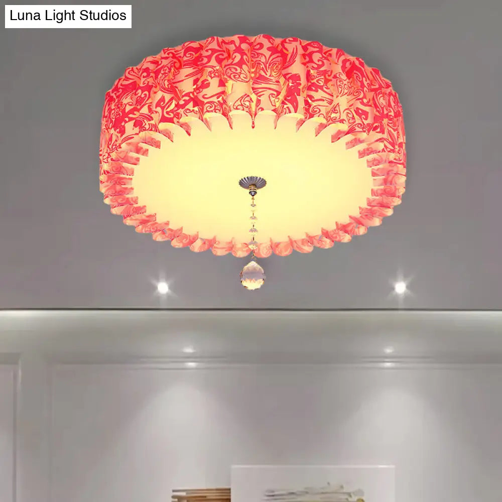 Pastoral Pink Acrylic Led Flushmount With Loving Heart And Crystal Ball Warm/3 Color Lighting
