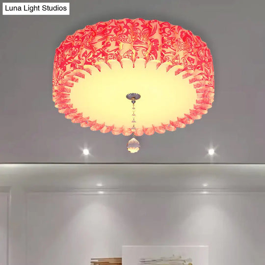 Pastoral Pink Acrylic Led Flushmount With Loving Heart And Crystal Ball Warm/3 Color Lighting