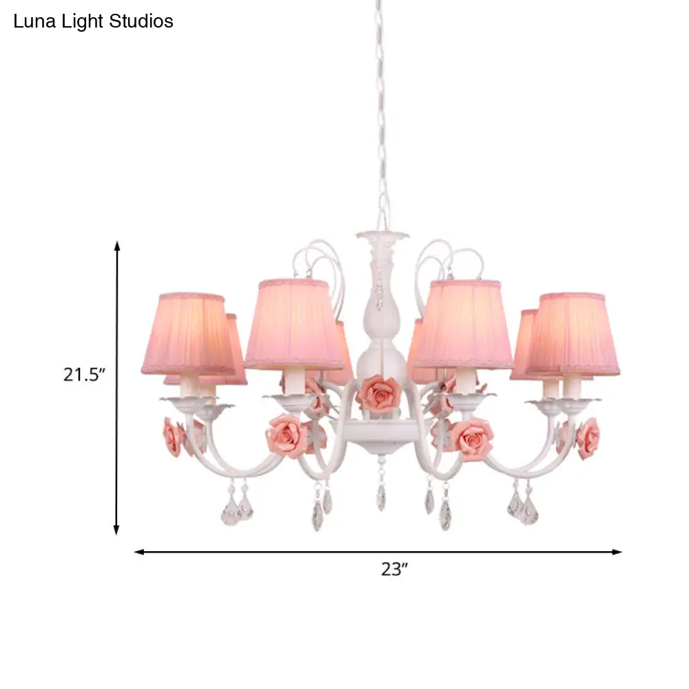 Pastoral Pink Pleated Shade Chandelier With Crystal Drop - Dining Room Pendant (3/6/8 Lights)