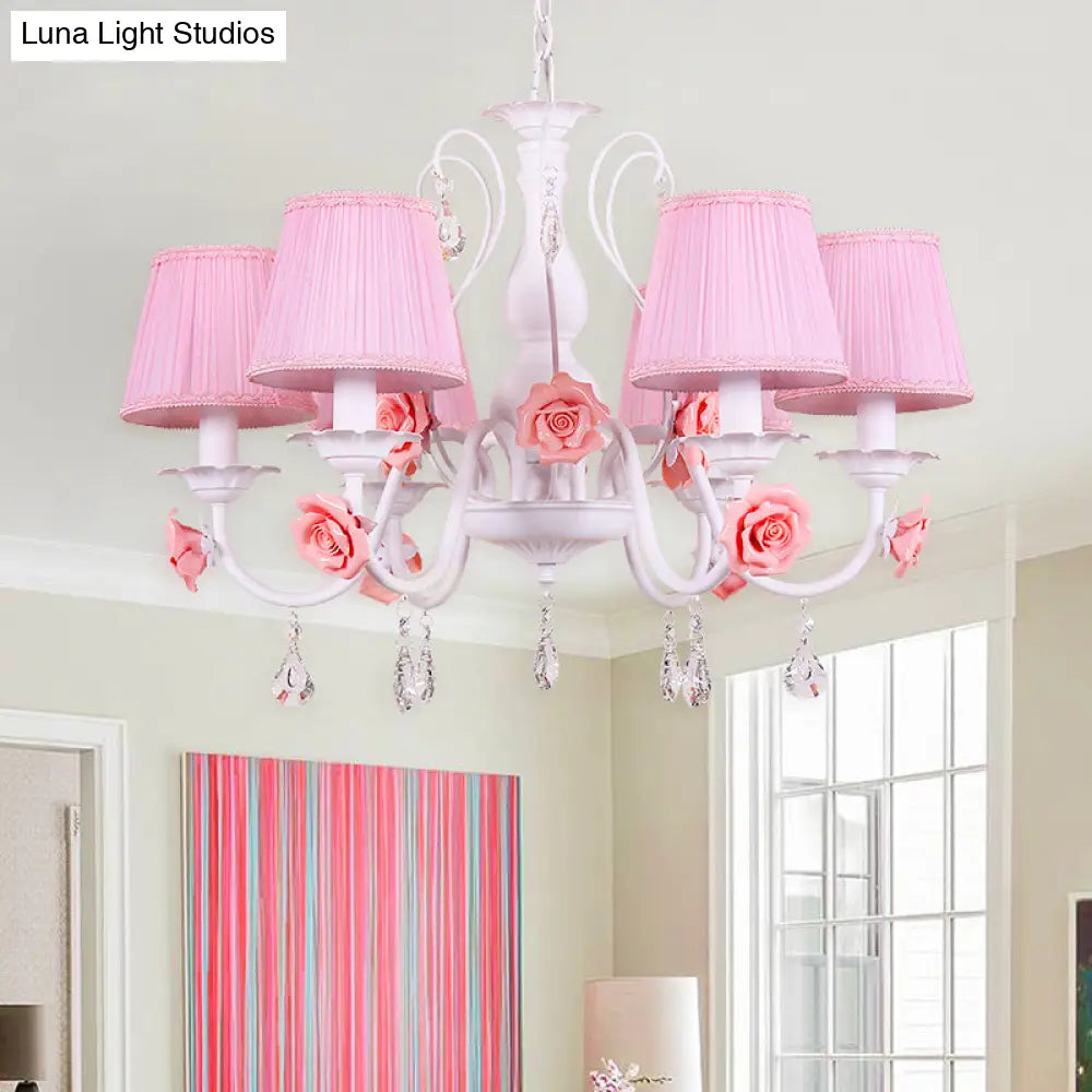 Pastoral Pink Pleated Shade Chandelier With Crystal Drop - Dining Room Pendant (3/6/8 Lights)