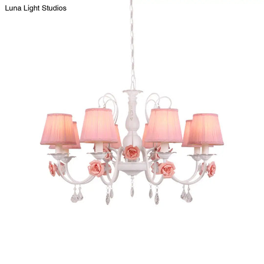Pastoral Pink Pleated Shade Chandelier With Crystal Drop - Dining Room Pendant (3/6/8 Lights)