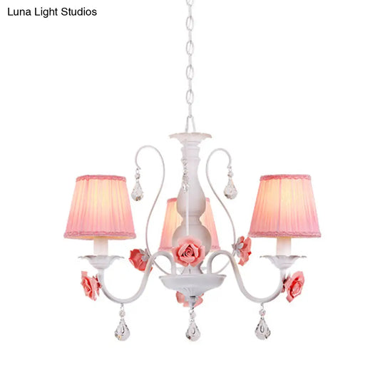 Pastoral Pink Pleated Shade Chandelier With Crystal Drop - Dining Room Pendant (3/6/8 Lights)