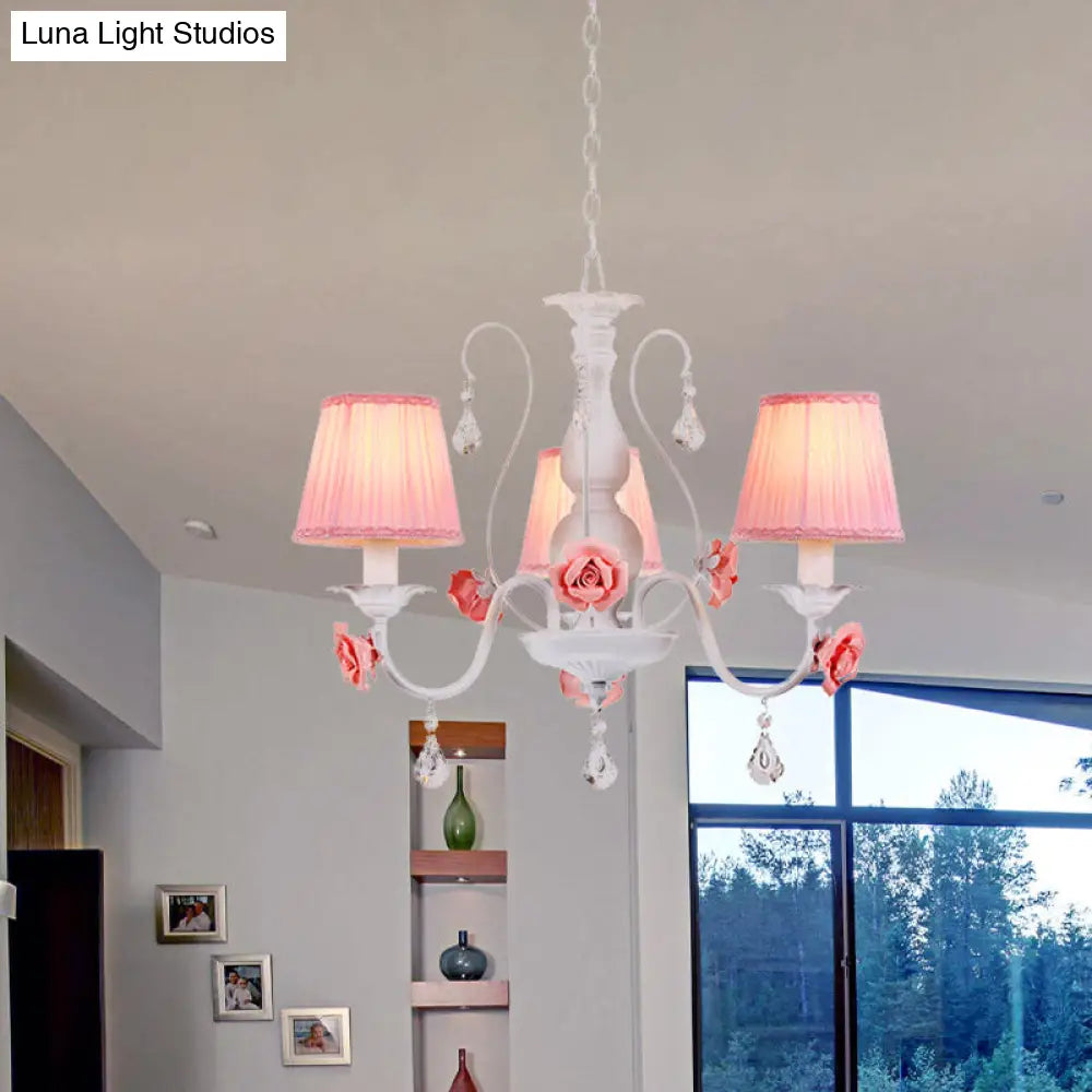 Pastoral Pink Pleated Shade Chandelier With Crystal Drop - Dining Room Pendant (3/6/8 Lights)