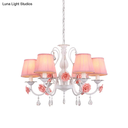 Pastoral Pink Pleated Shade Chandelier With Crystal Drop - Dining Room Pendant (3/6/8 Lights)