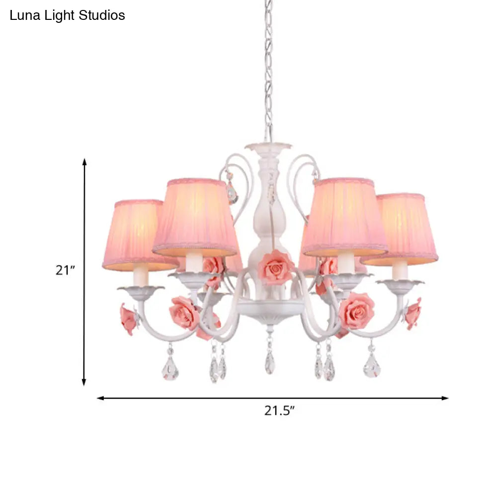 Pastoral Pink Pleated Shade Chandelier With Crystal Drop - Dining Room Pendant (3/6/8 Lights)