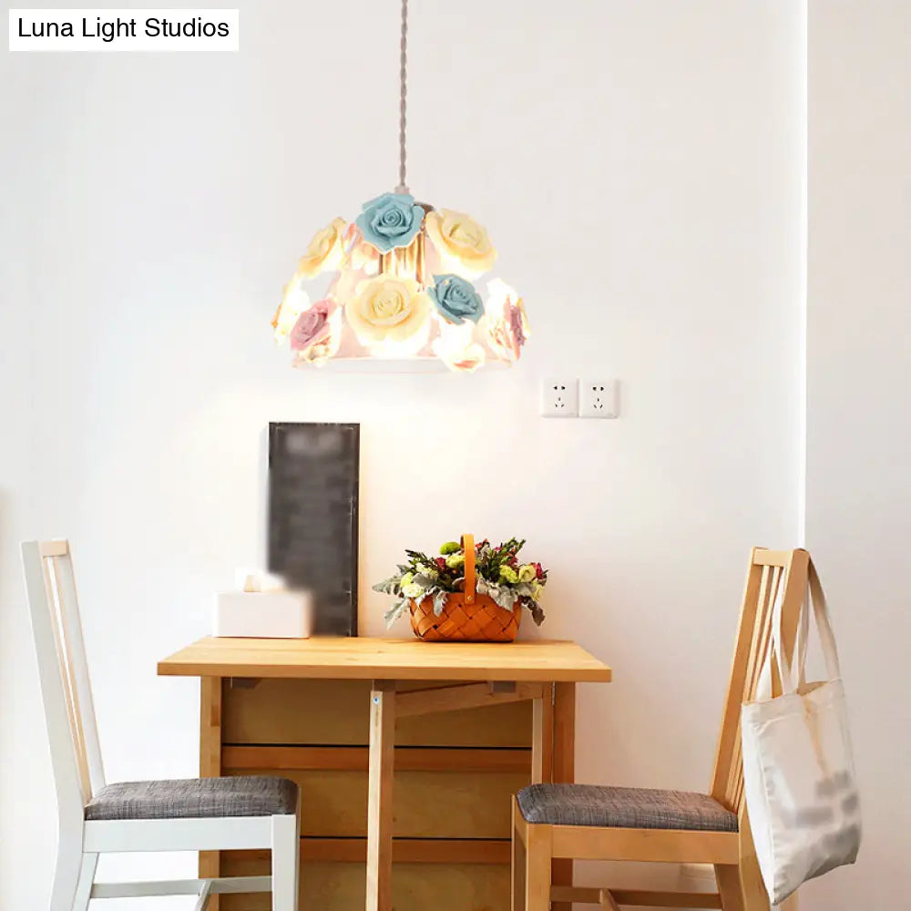 Pastoral Rose Ceramic Pendant Light: Pink-Blue Suspension Fixture For Dining Room 1 /