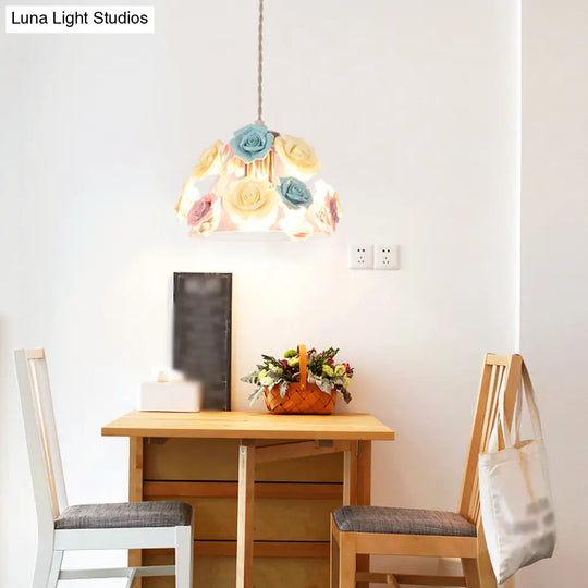 Pastoral Rose Ceramic Pendant Light: Pink-Blue Suspension Fixture For Dining Room 1 /