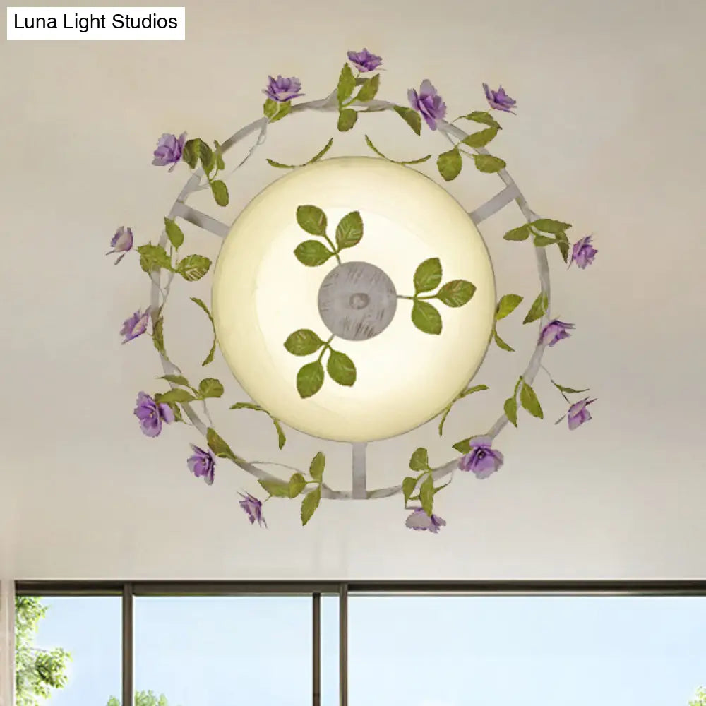 Pastoral Style 2-Head White Glass Flush Mount Ceiling Lamp With Bloom Decoration