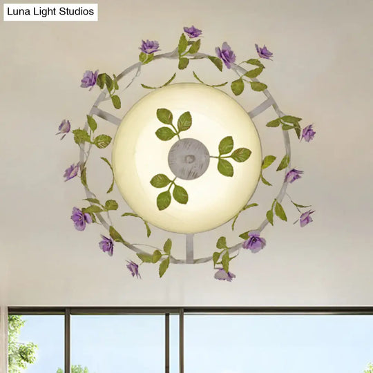 Pastoral Style 2-Head White Glass Flush Mount Ceiling Lamp With Bloom Decoration