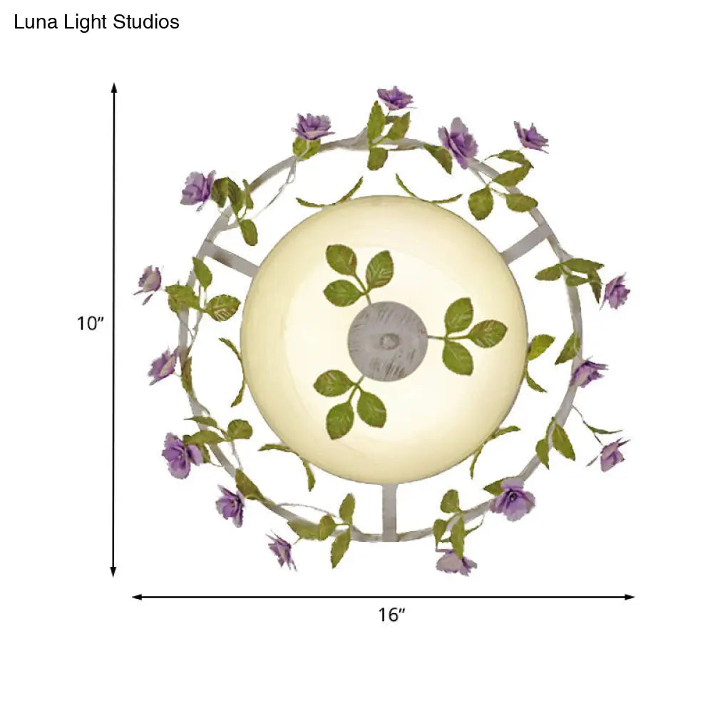 Pastoral Style 2-Head White Glass Flush Mount Ceiling Lamp With Bloom Decoration