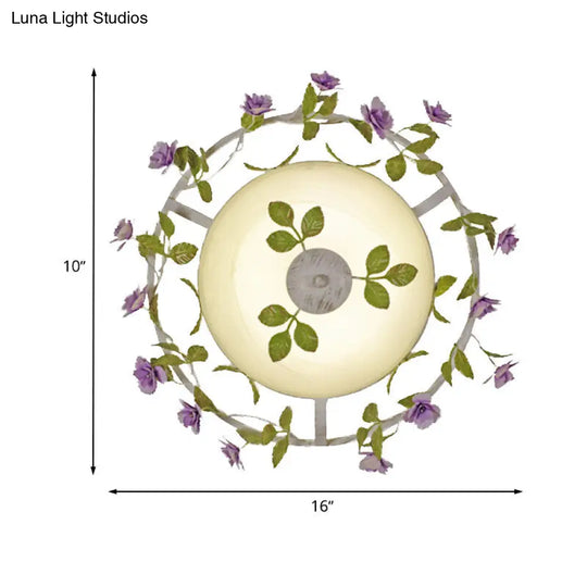 Pastoral Style 2-Head White Glass Flush Mount Ceiling Lamp With Bloom Decoration