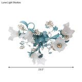 Pastoral Style Blue Semi Flush Ceiling Light With Frost White Glass - Perfect For Bedroom Lighting