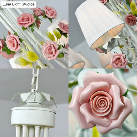 Pastoral Style Chandelier With Decorative Rose: Pleated White Fabric Hanging Light