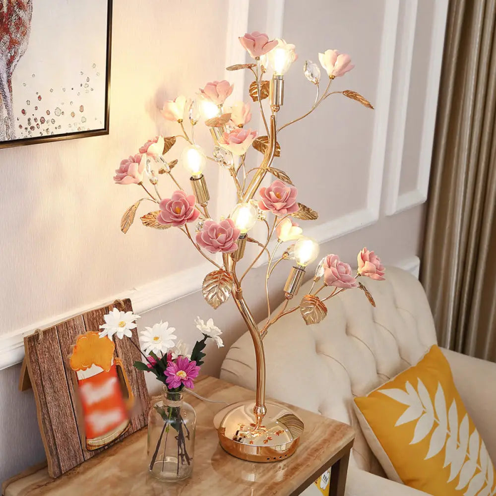 Pastoral Style Floral Ceramic Table Lamp With Decorative Crystal For Living Room Nightstand Pink / A