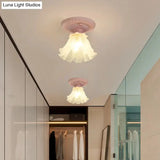 Pastoral Style Floral Flush Ceiling Light - White/Green/Pink Frosted Glass Single Bulb Mounted Lamp